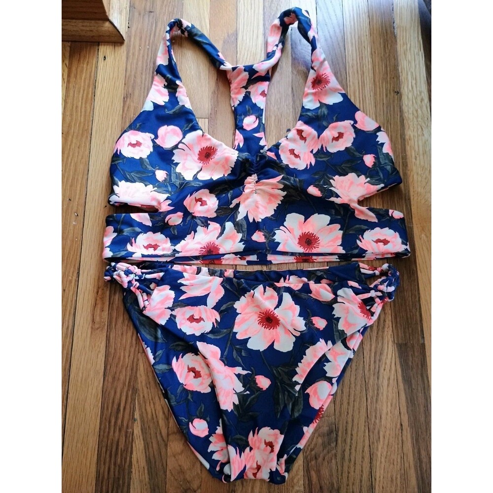 Tori Praver Seafoam Swimwear Bikini Bottom Large & Top XL Navy Floral EUC $99